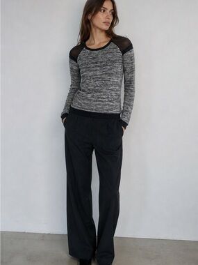 🇬🇧New Look Mesh Shoulder Top Grey Marl Long Sleeve Sheer Panel Minimalist Y2K